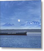 Cosco Shipping Freighter With Canadian Mountains And Full Moon Metal Print