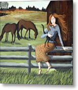 Country Girl  Farm Horse Cat Metal Print