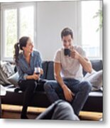 Couple Having Coffee Together In Living Room Metal Print