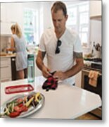 Couple Preparing Lunch With Eco-friendly Food Wrap. Metal Print