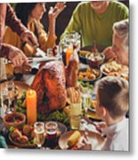 Cropped Photo Of Family Meeting Served Table Thanks Giving Dinner Two Knives Slicing Stuffed Turkey Meal Living Room Indoors Metal Print