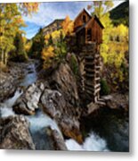 Crystal Mill In Colorado Rockies With Brilliant Yellow Aspen Trees In Autumn Metal Print