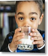 Cute African American Boy Drinking Milk At Home Metal Print