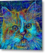Cute Persian Cat With Blue And Cyan Colorful Patterns Metal Print