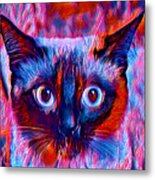 Cute Siamese Cat Head In Blue And Violet - Digital Painting Metal Print