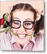 Cute Smiling Woman Wearing Nerd Glasses With Rose Metal Print