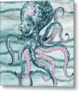 Cute Teal Blue Watercolor Octopus On Calm Wave Beach Art Metal Print