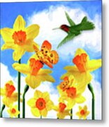 Daffodil Garden Hummingbird Metal Print