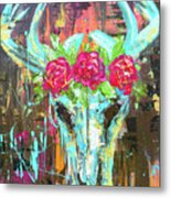 Deer Skull With Rose Wreath Boho Metal Print