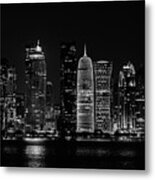 Doha Skyline By Night In Bw Metal Print