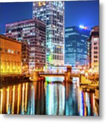 Downtown Milwaukee River Cityscape At Night Photo Metal Print