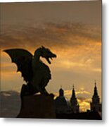 Dragon Statue On Dragon Bridge Over Ljublja Metal Print