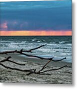 Driftwood And Stormy Seas Panoramic Metal Print