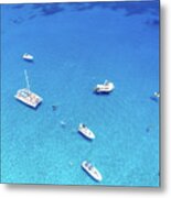 Drone Aerial Seascape Luxury Yachts Moored In The Coast Unrecognised People Swimming And Relaxing. Summer Vacations In The Sea. Ayia Napa Cyprus Metal Print