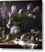 Easter Dining Elegance, Photorealistic Table Decoration For Spring Feast Metal Print