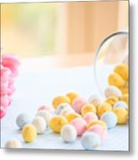 Easter Eggs Fallen From A Glass Jar And Tulips Bouquet Metal Print