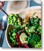 Eating Vegan Bowl With Edamame Beans, Broccoli, Avocado, Beetroot, Hummus And Nuts Metal Print