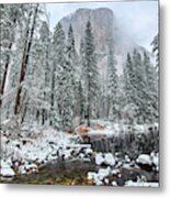 El Capitan And The Merced River With Snow In Yosemite National Park Metal Print