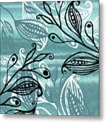 Elegant Pods And Seeds Pattern With Leaves Teal Blue Watercolor V Metal Print
