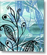 Elegant Pods And Seeds Pattern With Leaves Teal Blue Watercolor Vi Metal Print