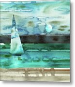 Emerald Blue Turquoise Sailboat At The Ocean Shore Seascape Painting Beach House Watercolor Metal Print