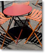 Empty Orange Cafe Table And Chairs With Shadows Metal Print