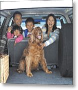 Family Of Four And Dog In Back Of Car, Portrait, View Through Boot Metal Print