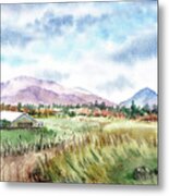Farm Barn Mountains Road In The Field Watercolor Impressionism Metal Print