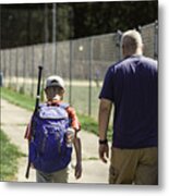 Father And Son Walking On Paved Path To Baseball Diamond Carrying Baseball Equipment Metal Print