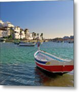 Ferragudo With A Red Fishing Boat, Portugal Metal Print
