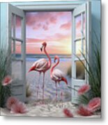 Flamingos Peeking In The Open Doors Metal Print