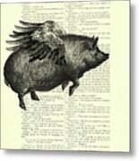 Flying Pig On Antique Book Page Metal Print