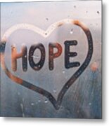 Foggy Glass On Window With Written Finger Word Yellow Color Hope In Paint Heart Concept Photo With Copy Space On Blue And Warm Background Metal Print