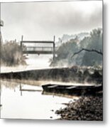 Foggy Landscape With Boats On River Bank And Bridge In River Danube National Park In Austria Metal Print