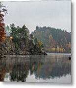 Foggy Landscape With Fishermans Boat On Calm Lake And Autumnal Forest At Lake Ottenstein In Austria Metal Print