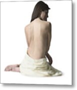 Full Body Portrait Of An Adult Woman Wrapped In A Towel As She Turns To The Side Metal Print