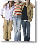 Full Length Shot Of A Group Of Three Teenage Female Friends As They Smile At The Camera Metal Print