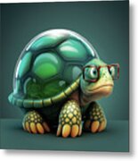 Funny Green Turtle With Glasses Metal Print