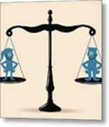Gender Equality, Smiling Businessman And Businesswoman Standing On Equal-arm Balance Scale Metal Print