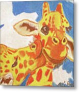 Two Giraffes, One Giraffe Is Kissing Another On Its Cheek Metal Print