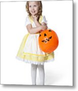Girl (2-3) In Goldilocks Costume With Pumpkin Lantern For Halloween Metal Print