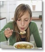 Girl Eating Chicken Noodle Soup Metal Print