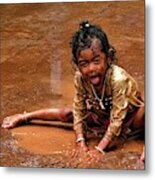 Girl In The Puddle Of Brown Water Metal Print