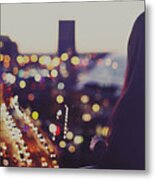 Girl Looking At City Night View Of Lights Metal Print