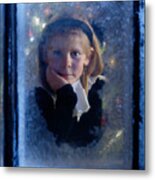 Girl Watching For Santa From Icy Window Metal Print
