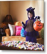 Girl With Halloween Candy Metal Print