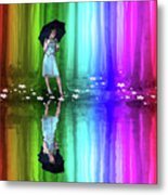 Girl With Umbrella In A Rainbow Forest Metal Print