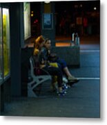 Girls On Bench In Station At Summer Night Metal Print