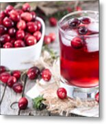 Glass Of Fresh Cranberry Juice And A Bowl Of Cranberries Metal Print