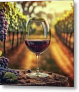 Glass Of Red Wine Overlooking A Vineyard On A Summer Day Metal Print
